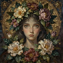 breathtaking detailed concept art painting of the queen of flowers, orthodox saint, with anxious, piercing eyes, ornate background, amalgamation of leaves and flowers, by Hsiao-Ron Cheng, James jean, Miho Hirano, Hayao Miyazaki, extremely moody lighting, 8K