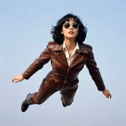 ektachrome, telephoto, highly detailed : incredibly realistic, youthful asian demure floating in the sky, ray - ban, exquisite features, feminine cut, photo 1 9 7 0 s frontiers in flight leather suit cosplay fashion, boris vallejo, terry richardson