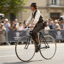 a man dressed in old times clothing riding a large penny - farthing winning the tour de france with other riders on modern bikes far behind him, news, file photo, photorealistic, getty images, front page
