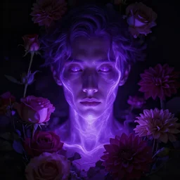 closeup portrait of an ethereal person made of purple light, divine, cyberspace, mysterious, surrounded by flowers, roses, dahlias, dark high-contrast concept art, male, trending on Artstation