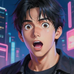 beautiful lifelike studio close - up painting of male anime protagonist with shocked!!!! expression, in a neon nighttime city. perfectly shaded lighting, expressive!!!! creative!!!!! very very coherent, trending on artstation, greg rutkowski, hyper detailed, 4 k, high quality, smooth, sharp focus