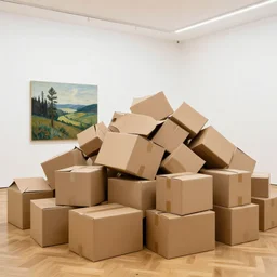 ! dream a giant pile of cardboard boxes in a white gallery room with a parquet floor, the room has a single lamdscape painting by anthony copely behind the giant pile of cardboard boxes, a huge pile of cardboard boxes filling the entire room, interior photograph