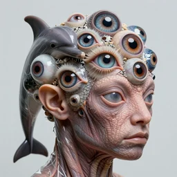a high resolution photo of a complex head, grown together various animal eyes, amphibia hairless veins wrinkles morphing nature documentary, cracked plastic wrap, dolphin gills morph scales merged in fur skin, wrinkled muscles skin, veins merged feet head, displacement, distorted animal head face eyes arms tail 1 5 1