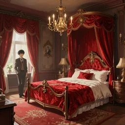 an ornate red victorian bedroom, 1 8 9 0, key visual, conceptart, ambient lighting, highly detailed, digital painting, artstation, concept art, sharp focus, by makoto shinkai and akihiko yoshida and greg manchess