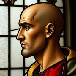 side - view portrait of a bald, clean shaven, 4 5 year old middle eastern man, 1 0 th century stained glass window, very masterful
