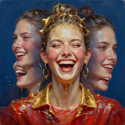 3 d, close - up, boiling liquid gold and red water, chuckles fashion model, plastic, poster art, high detail, intricate oil painting, multiple exposure, deep blue mood, hyperrealism, 3 d, by tooth wu and wlop and beeple and greg rutkowski