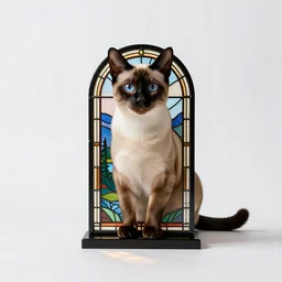 stained glass siamese cat, professional studio photo, full body, isolated on a pure white background, centered, entire subject in frame, sharp focus, soft studio lighting