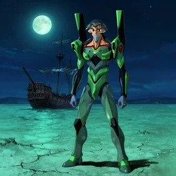 turquoise moonlight, a green pirate stands beside his wrecked spanish carrack at the bottom of a dried - up lake in a turquoise desert beneath a starless night sky, evangelion, kyoto animation still, intricately detailed features, digital painting, yoshiyuki sadamoto