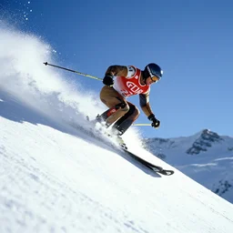 a 2 8 mm macro kodachrome photo of one man skiing off a ski jump with snow bursting behind him in the swiss alps in the 1 9 5 0's, seen from a distance, bokeh, canon 5 0 mm, cinematic lighting, film, photography, golden hour, depth of field, award - winning