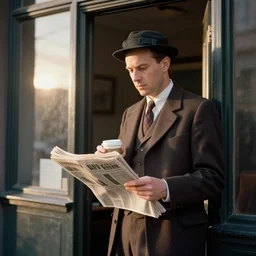 a 1 9 5 0 s detective standing outside his office with a coffee and a newspaper in his hand. sunrise.