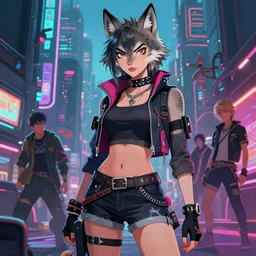 A portrait of a sexy female wolf in skaterpunk clothes in a cyberpunk city, character art by Stanley Artgerm Lau, WLOP, Rossdraws, James Jean, Andrei Riabovitchev, Marc Simonetti, and Sakimichan, trending on furaffinity.