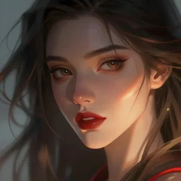 close - up fantasy character illustration of beautiful woman's face with dark hair and red lipstick, glowing backlit dynamic lighting, trending on artstation, digital art ( by jesper ejsing ) ( by clint cearley ) ( by raluca marinescu )