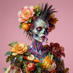 hyper-detailed torso and head of a zombie punk made out of fruits, vegetables and large flowers in the Baroque style of Arcimboldo, crystalline skin, neon lighting, wide camera angle, dull pink background