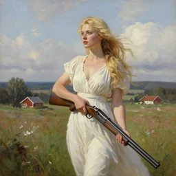 mysterious blonde woman in hot dress in the swedish countryside, holding a shotgun, freedom, scenic, beautiful, masterpiece, highly detailed, painting by vladimir volegov
