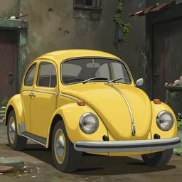 a wholesome animation key shot of a focused old yellow beetle Volkswagen car parked in an abandoned alleyway, medium shot, waist up, studio Ghibli, Pixar and Disney animation, sharp, very detailed, high resolution, Rendered in Unreal Engine 5, anime key art by Greg Rutkowski, Bloom, dramatic lighting