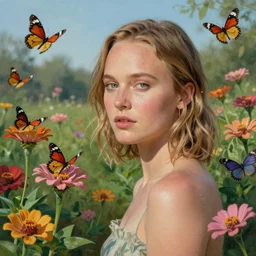Alicia Vikander in the flower garden with butterflies by Mark Ryden and Alex Gross, Todd Schorr highly detailed