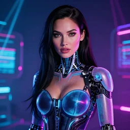 beautiful megan fox cyborg, digital led skin, neon lighting, techno neon projector background, portrait photo, octane render