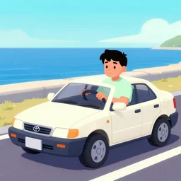 salary man driving his toyota car next to the ocean, vaporwave nostalgia, commodore 6 4, visual novel cg, 8 0 s anime vibe, kimagure orange road, maison ikkoku, trending on artstation