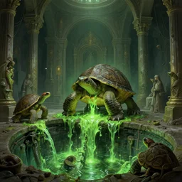 mutant turtle ritual in a puritan temple in an underground sewerage network, unadorned, monastery interior, green glowing slime flowing down from the sewers, intricate, highly detailed, digital painting, artstation, concept art, cinematic lighting, illustration, by artgerm, greg rutkowski, alphonse mucha, cgsociety