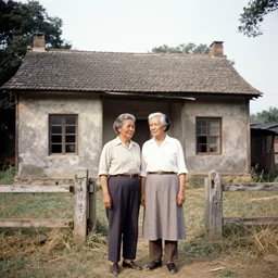 a vintage photo of an old man and woman in front of an old house