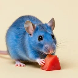 a small blue mouse eating a piece of red cheese