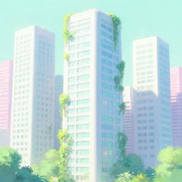 a beautiful highly detailed matte painting of a tokyo highrise building with windows, vibrant pastel styling by atey ghailan, cliff chiang, loish and goro fujita, white, white cyan, pink and light green pastel mystical tones, featured on artstation, featured on behance, vray render, green vines wrap around buildings