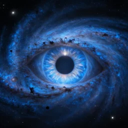 A beautiful blue glowing galaxy forming a dragon's eye with the pupil being a black hole