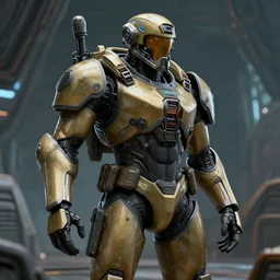 a very detailed digital art of a soldier wearing an exocombination in an alien ship