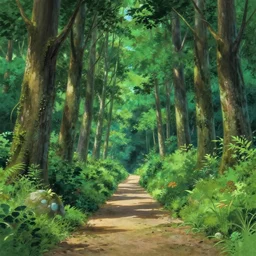complex forest and pathway from left to right, detailed panorama painting by osaka  animation