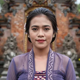 portrait of demi rose wearing kebaya in bali, by charlotte grimm, natural light, detailed face, beautiful features, symmetrical, traditional, canon eos c 3 0 0, ƒ 1. 8, 3 5 mm, 8 k, medium - format print, half body shot