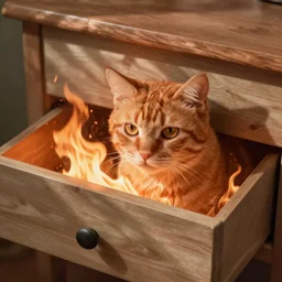 an orange cat staring in a table drawer ~ on fire ~ fire ~ high - resolution photo ~