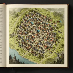 steampunk small town detailed map concept art, digital art book by greg rutkowski