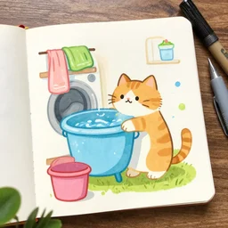 story book illustration of laundry made from cat, art station trending.