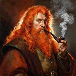 a beautiful portrait painting of gimli, by diego velazquez, beautiful composition and structure, high contrast, high saturation, vivid ember colors, cross hatching featured on artstation, shading study, lighting study, studio lighting, pipe smoke, volumetric fog, artistic, cinematic, backlight, rim light, portrait study