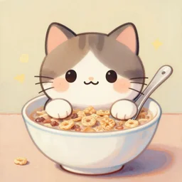 cat inside of a bowl of cereal, oil painting, cute, kawaii, adorable, award winning, digital art
