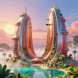 highly detailed futuristic architecture by zaha hadid and salvador dali, in the style of pixar animation, stylized vegetation, ground - level view, puddles of turquoise water, foggy atmosphere, stunning sunny lighting, sunrise, vivid colors, trending on artstation, 8 k, matte painting, ray tracing, hyper detailed, unreal engine 5, cinematic, epic lighting, cryengine, octane render, cyberpunk, red and orange glow, vibrant