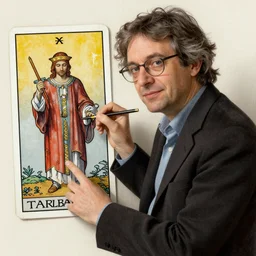 Yoshua Bengio scientist drawn on the Tarot card. Illustration by preraphaelists.