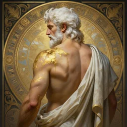painted back portrait of rugged zeus greek god by greg rutkowski craig mullins artgerm alphonse mucha, messy streaks gold paint on shoulders, white hair handsome muscular upper body mature flowing robe [ ancient greek motifs ] background fantasy intricate elegant detailed digital painting concept art artstation sharp focus illustration