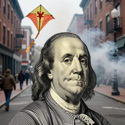 closeup portrait of Benjamin Franklin with a kite in a smoky new york street, by Steve McCurry and David Lazar, natural light, detailed face, CANON Eos C300, ƒ1.8, 35mm, 8K, medium-format print