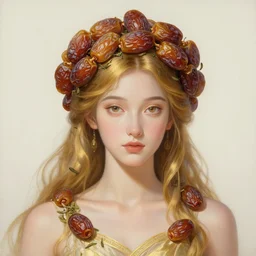 epic painting, full figure portrait of beautiful goddess with with golden sweet dried dates crown! medjool dates, dried dates crown,, many tea leaves background, golden glow background, drawing, photography by amy leibowitz, wlop, jeremy lipkin, beeple, intricate golden fractals, brown hair, symmetrical front portrait, artgerm