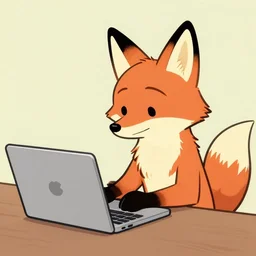cartoon fox working with macbook by julie bell