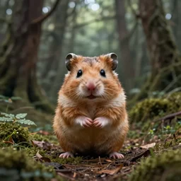 magical hamster in a forest, realistic cinematic, volumetric lighting, centered, symmetrical, sharp focus, digital painting, mystical art, smooth, trending on Artstation, 4k