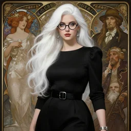beautiful thick female, long white hair, black dress with belt around waist line, silver accessories, round black glasses, elegant, highly detailed, digital painting, matte, sharp focus, art by artgerm, greg rutkowski, alphonse mucha, frank frzetta, boris vallejo, bouguereau, beksinski, cinematic