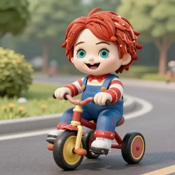 happy cute chucky riding a tricycle