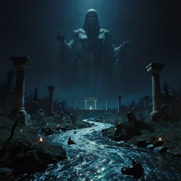 dark eerie movie frame, greek fantasy panorama, a magnificent giant ghost above the magic shining river styx, at night, otherworldly, stanley kubrick, 1 7 mm, wide shot, surreal, deep
