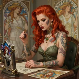redheaded tattooed pinup cyberpunk halston sage sitting at table playing dnd, deep focus, d & d, fantasy, intricate, elegant, highly detailed, digital painting, artstation, concept art, matte, sharp focus, illustration, hearthstone, art by artgerm and greg rutkowski and alphonse mucha.