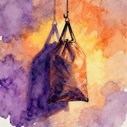 “purple, orange and yellow watercolor texture with a silhouette of a body bag hanging upside down from a hook in the background”