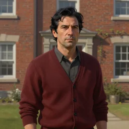 painting of a middle aged man with black hair, he is wearing a dark red cardigan and standing in front of a brick house, trending on artstation, unreal engine, fantasy art