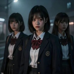 school girls on the city at night, gloomy and foggy atmosphere, octane render, rembrandt, cgsociety, artstation trending, horror scene, highly detailded