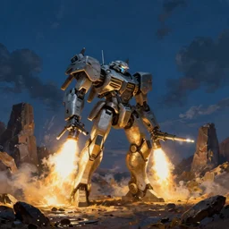 armored core v by liam wong, booster flares, legs, laser rifles, gunpowder smoke, karst landscape, ; wide shot, outdoor, dark blue sky, cloud, wilderness ground, golden time, twilight ; digital oil painting, high contrast, dynamic backlighting, sharp edge, motion blur, photoreal,